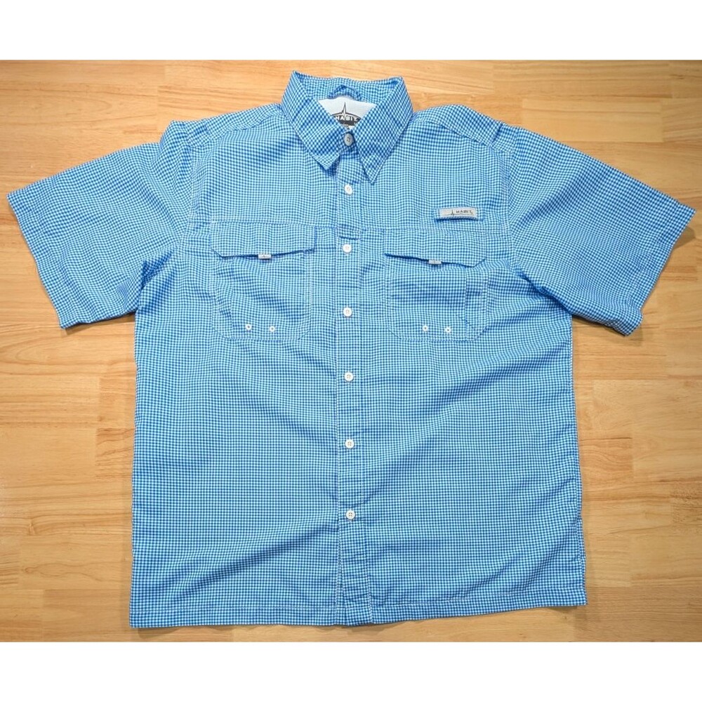 Habit Mens Shirt Large L Fishing Button Down Short Sleeve Vented UPF Blue Plaid